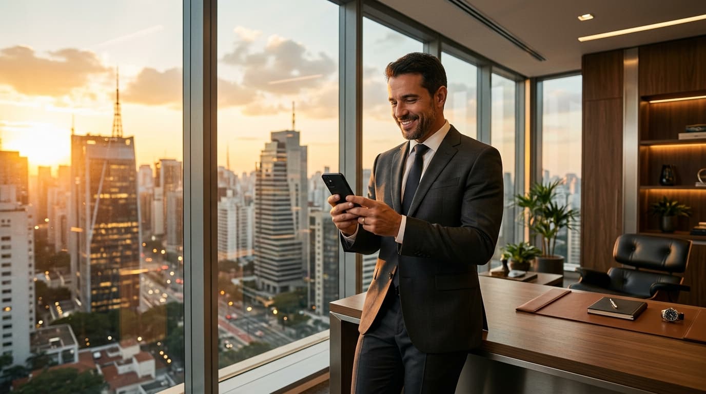 Empresário fechando vendas pelo celular no escritório, com a cidade ao fundo.